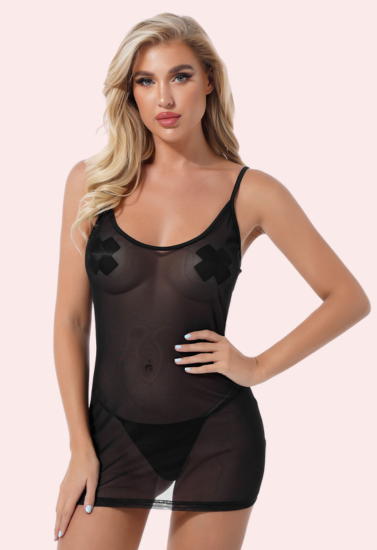 Sexy see through black mesh Chemise Snazzyway